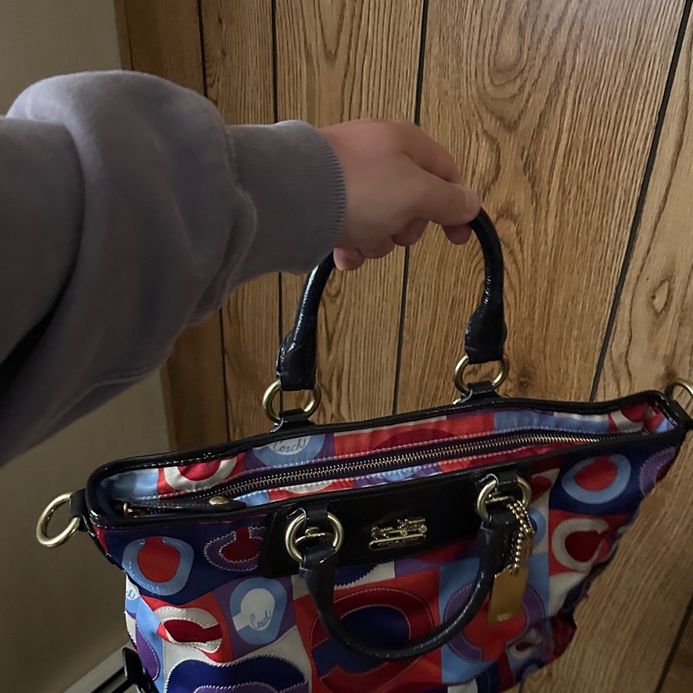 Coach Multicolor Red Blue Purple Circle-Print Tote with Black Leather Trim - Picture 3 of 4